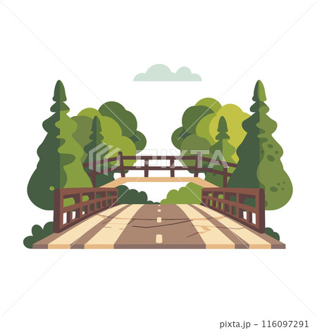 Wooden bridge crossing road lush green trees graphic isolated white background. Rustic walkway scenic forest trail nature illustration clouds overhead. Engaging pathway doubledeck structure vibrant Wooden bridge crossing road lush green trees graphic isolated white background. Rustic walkway scenic forest trail nature illustration clouds overhead. Engaging pathway doubledeck structure vibrant 116097291