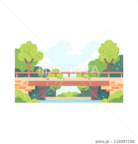 Road bridge built bricks crossing river blue sky green trees nature scene cartoon art vector illustration rural scene isolated white background. Detailed sunny countryside architecture calm 116097298