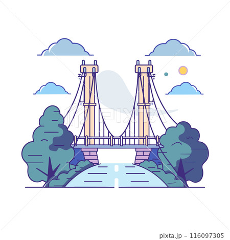 Bridge illustration isolated white background detailed landscape trees river pathway double yellow lines roadway blue sky fluffy clouds sun vector illustration Suspension bridge architecture trees Bridge illustration isolated white background detailed landscape trees river pathway double yellow lines roadway blue sky fluffy clouds sun vector illustration Suspension bridge architecture trees 116097305