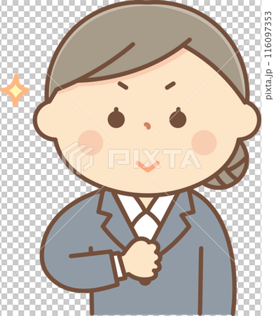 A woman in a suit puffing out her chest A woman in a suit puffing out her chest 116097353