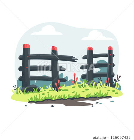 Rustic wooden fence surrounded green grass small flowers sky. Cartoon style wooden fence sits lush green grass, vibrant plants, clear blue skies. Quaint 116097425