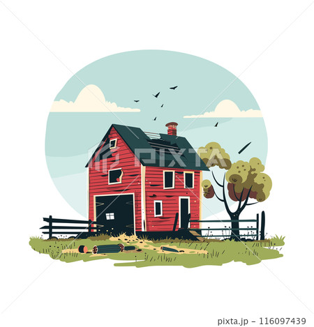 Red barn countryside farm, serene rural landscape illustration. Pastoral scenery farmland, trees, fence, blue sky, clouds cartoon style. Tranquil farmstead field, homestead agricultural theme 116097439