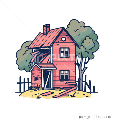 Red abandoned house surrounded nature, broken windows detached door. Handdrawn illustration dilapidated twostory home, cartoon style white. Colorful artwork old rural building, trees 116097440