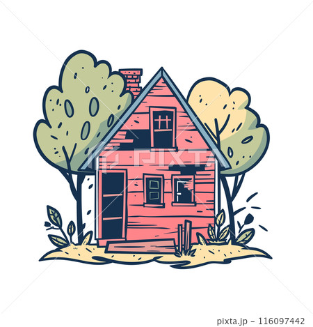 Quaint coral pink house nestled among trees, handdrawn style. Cozy cottage trees, feels rural fairytale setting. Cartoonish pink home nature, inviting warm Quaint coral pink house nestled among trees, handdrawn style. Cozy cottage trees, feels rural fairytale setting. Cartoonish pink home nature, inviting warm 116097442