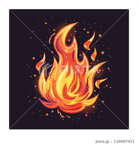 Vivid orange flames yellow sparkles against dark background. Cartoonstyle fire dynamic red orange gradient. Graphic design stylized fire suitable branding logos 116097451