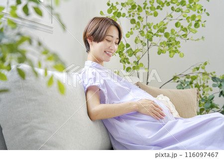 リビングで笑顔の高廉妊娠をした妊婦 リビングで笑顔の高廉妊娠をした妊婦 116097467