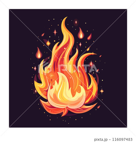 Vibrant animated fire flames against dark background, colors range yellow deep red. Illustration fiery blaze sparks glowing particles, suitable representing energy danger. Stylish graphic design Vibrant animated fire flames against dark background, colors range yellow deep red. Illustration fiery blaze sparks glowing particles, suitable representing energy danger. Stylish graphic design 116097483