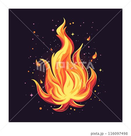 Vibrant flames burning against dark background creating warm fire illustration. Detailed orange yellow fire graphic design sparks, stars, swirling flame. Cartoon style blazing inferno suitable heat Vibrant flames burning against dark background creating warm fire illustration. Detailed orange yellow fire graphic design sparks, stars, swirling flame. Cartoon style blazing inferno suitable heat 116097498
