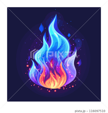 Vibrant colorful flames engulfing space, hues blue purple merging fire. Animated style blaze dynamic motion, glowing embers dotting dark backdrop. Enigmatic abstract inferno, digital artistry 116097510