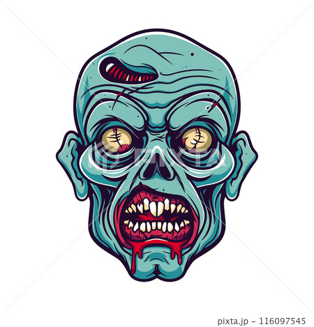 Zombie head illustration worm forehead, rotting flesh blood. Turquoise undead face bulging eyes, gory mouth open showing teeth. Horror themed graphic, cartoon style zombie character 116097545