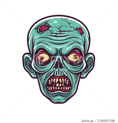 Zombie head illustration featuring detailed undead creature design. Greenskinned zombie face exposed teeth redeyed stare isolated white. Horrorthemed graphic showing decaying cracks wounds 116097586