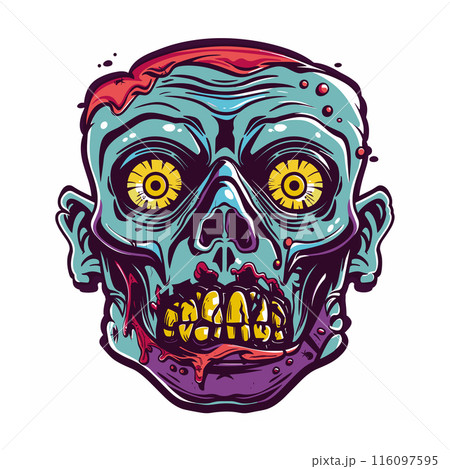Colorful zombie head illustration, detailed horror art, vibrant undead graphic design. Yelloweyed skull dripping blood, scary Halloween theme, creepy undead character drawing. Pop art style zombie 116097595