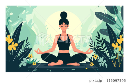 Woman practices yoga peaceful nature setting. Female yogi lotus pose meditates surrounded plants, exuding serenity. Illustration depicts mindfulness, wellness tranquil outdoor scene 116097596