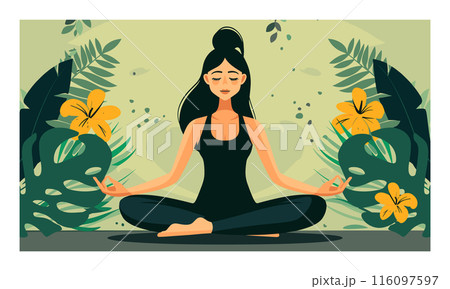 Asian ethnicity female practicing yoga meditation among green tropical leaves yellow flowers. Serene woman lotus pose focusing breath relaxation, mindfulness nature surroundings. Health wellness 116097597