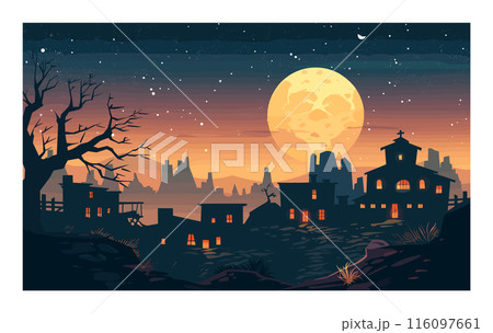 Silhouetted haunted house under full moon, spooky Halloween night scene. Warm sunset colors behind creepy village dead tree, glowing windows. Eerie atmosphere, abandoned buildings, surreal spooky Silhouetted haunted house under full moon, spooky Halloween night scene. Warm sunset colors behind creepy village dead tree, glowing windows. Eerie atmosphere, abandoned buildings, surreal spooky 116097661