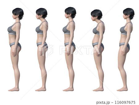 良い姿勢 悪い姿勢 猫背 ストレートネック  日本人3Dモデル女性の全身横向き イラストセット 116097675