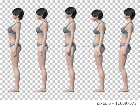 良い姿勢 悪い姿勢 猫背 ストレートネック  日本人3Dモデル女性の全身横向き イラストセット 116097675
