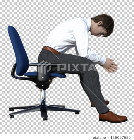 一位商人坐在椅子上,思考日本 3D 模型全身右側的插圖 一位商人坐在椅子上,思考日本 3D 模型全身右側的插圖 116097680