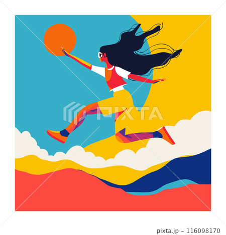 African American woman basketball player jumping, vibrant abstract background. Female athlete performing slam dunk, dynamic composition, modern art style. Powerful movement sports illustration 116098170