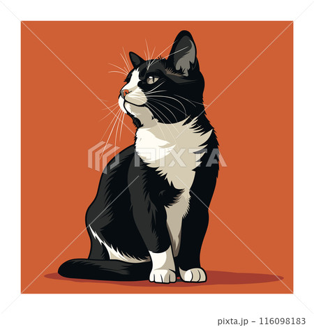 Black white tuxedo cat illustration looking side, whiskers prominent. Detailed fur texture, sharp contrast, orange background. Artistic rendering seated domestic cat, expressive eyes Black white tuxedo cat illustration looking side, whiskers prominent. Detailed fur texture, sharp contrast, orange background. Artistic rendering seated domestic cat, expressive eyes 116098183