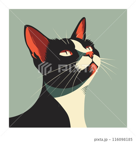 Black white cat illustration looking up, whiskers eyes detailed, green background. Closeup feline face modern art style, distinctive red ears, graphic design. Intrigued cat gaze, stylized pet Black white cat illustration looking up, whiskers eyes detailed, green background. Closeup feline face modern art style, distinctive red ears, graphic design. Intrigued cat gaze, stylized pet 116098185
