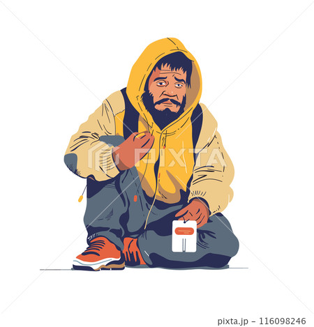 Man squatting down, looking tired distressed, holding onto yellow hoodie strings. Middleaged bearded male cartoon, dressed yellow jacket, blue pants, red shoes while posing small red white object 116098246