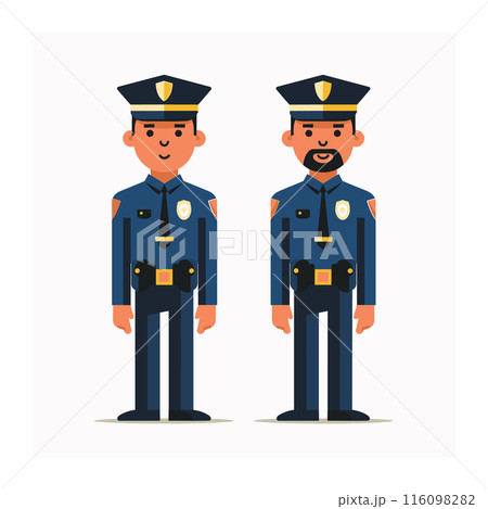 Two police officers standing side side, male, smiling, cartoon representation, ethnic diversity shown. Officers wearing blue uniforms, gold badges, belts, standing confidently, friendly law 116098282