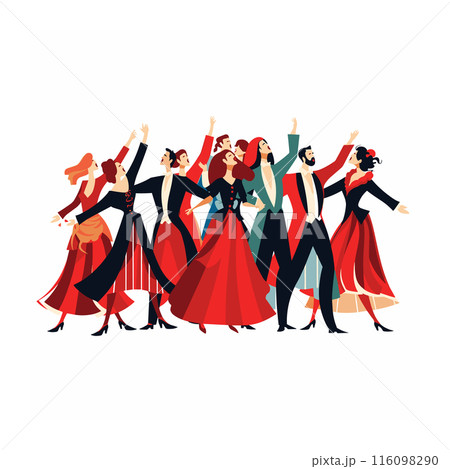 Elegant dancers performing fancy costumes, men women engage expressive dance, vibrant red black attire highlighted. Group performers flamencoinspired clothing celebrate dynamic poses, full skirts 116098290