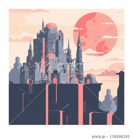 Fantasy castle illustration sunset, majestic pink sky large red sun. Medieval fortress digital artwork peaceful dusk scene, birds flying, towers spires. Retro futuristic cityscape, cascading Fantasy castle illustration sunset, majestic pink sky large red sun. Medieval fortress digital artwork peaceful dusk scene, birds flying, towers spires. Retro futuristic cityscape, cascading 116098295
