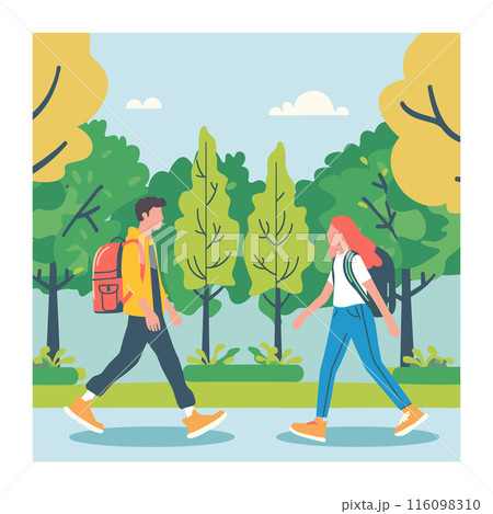 Young man woman walking park, casual clothing, diversity. Gender diversity outdoor activity, friends stroll relaxed environment. Man backpack, woman shoulder bag, serene nature, tranquil park scene 116098310