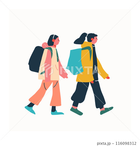 Two young adults walking side side, minimalist style, vibrant colors. Female male illustrated, casual dress, backpacks, headphones, profile view. Contemporary urban scene, friends strolling, bold 116098312