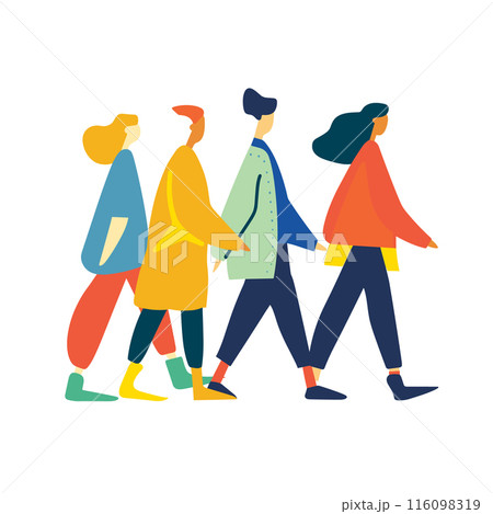 Four stylized people walking, modern colorful design, flat vector illustration. Group abstract characters, diverse casual clothing, trendy, walking side side. Young adults, dynamic pose, friends 116098319
