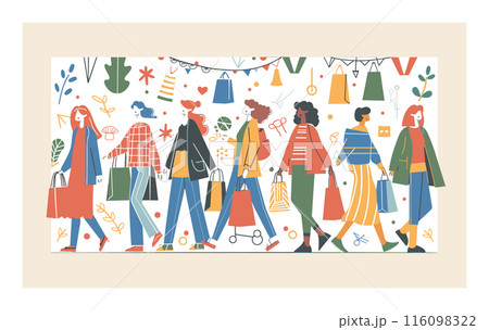 Diverse group women walking together carrying shopping bags amidst colorful backdrop embellished shopping sale icons. Women varying ethnicities shown illustration spree, woman stylish casual attire Diverse group women walking together carrying shopping bags amidst colorful backdrop embellished shopping sale icons. Women varying ethnicities shown illustration spree, woman stylish casual attire 116098322