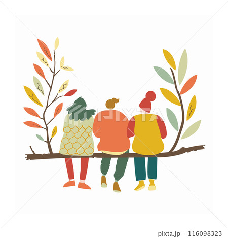 Three friends sitting branch, viewing autumn leaves, enjoying nature together. Diverse people relaxing, casual clothing, serene outdoor setting, autumn season, friendship moment. Rear view 116098323
