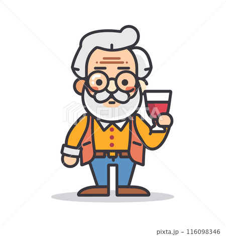 Elderly cartoon professor holding wine glass cheers gesture. Senior animated character white hair, mustache, glasses, vest, buttonup shirt. Friendly old man casual attire enjoying drink Elderly cartoon professor holding wine glass cheers gesture. Senior animated character white hair, mustache, glasses, vest, buttonup shirt. Friendly old man casual attire enjoying drink 116098346