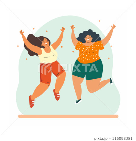 Two cheerful women celebrating, dancing joyfully, plus size happiness, body positivity concept. Both women illustrated dark hair, wearing casual clothes sneakers, exuding confidence. Bright colors 116098381