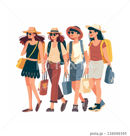 Four young women walking together, enjoying sunny day, trendy summer fashion. Friends stroll, fashionably dressed, casual style, sunglasses, hats, bags, diverse. Female group, leisure walk stylish 116098395