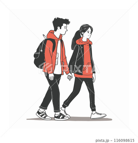 Young couple walking side side, both wearing casual red jackets sneakers. Male female characters holding hands, modern, isolated white background. Trendy youths outdoor casual wear Young couple walking side side, both wearing casual red jackets sneakers. Male female characters holding hands, modern, isolated white background. Trendy youths outdoor casual wear 116098615