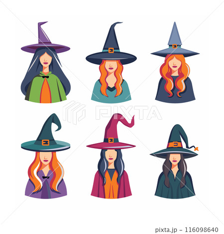 Set six witch characters wearing various colored robes hats. Witches different hair colors styles, magical theme, Halloween costumes. Cartoon witches, diverse designs, fantasy illustration 116098640