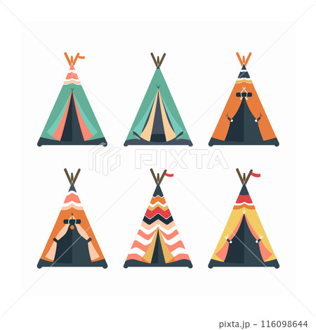 Six colorful teepees arranged two rows featuring different designs decorations. Teepees geometric patterns, cultural symbols, styled variety hues. Flat design illustration native tents commonly used 116098644