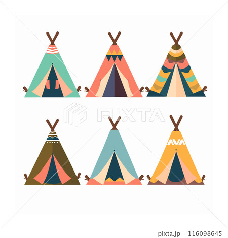 Collection six colorful teepees featuring unique designs, patterns, color combinations flat design style. Native American teepees arranged neatly against plain background ease use various designs 116098645