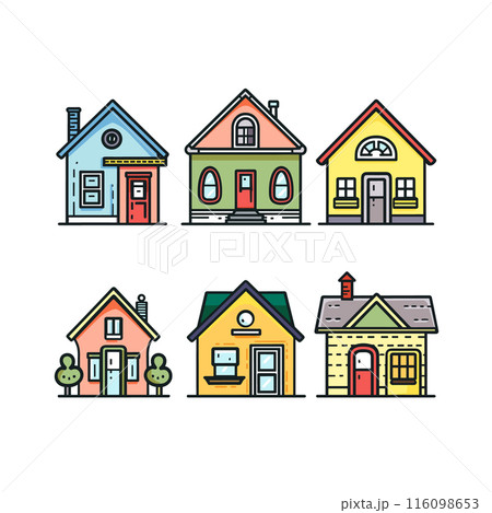 Six colorful cartoon houses displayed two rows, distinct architectural styles, suburban theme. Brightly colored facades cartoon family homes, simplistic style playful aesthetic. Illustration various 116098653