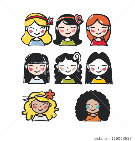 Nine diverse cartoon girls smiling, various hairstyles ethnicities. Cartoon female characters, faces joyful expressions, multicultural. Set cheerful girls, colorful, friendly, happy, diversity group 116098657