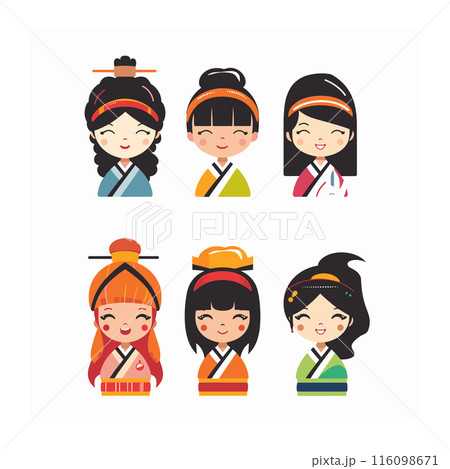 Six animated characters reflecting Asian culture, distinct hairstyle traditional attire. Cheerful expressions colorful clothing details suggest cultural diversity, perfect educational content Six animated characters reflecting Asian culture, distinct hairstyle traditional attire. Cheerful expressions colorful clothing details suggest cultural diversity, perfect educational content 116098671