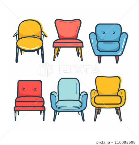 Six colorful midcentury modern chairs illustration, chair showcases unique style color, ideal interior design. Vibrant elements perfect home decor graphic furniture store icon set 116098699