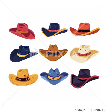 Collection diverse cowboy hats vector illustration isolated white background. Colorful western hats design variety, fashion accessories cowboy costume. Cartoon style hats, different shapes Collection diverse cowboy hats vector illustration isolated white background. Colorful western hats design variety, fashion accessories cowboy costume. Cartoon style hats, different shapes 116098717