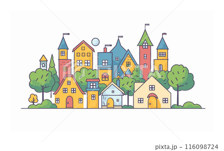 Colorful illustration whimsical cartoon houses trees forming lively village scene. Quaint townscape drawing towers, various roof shapes, warm colors. Artistic stylized community depicting diverse 116098724