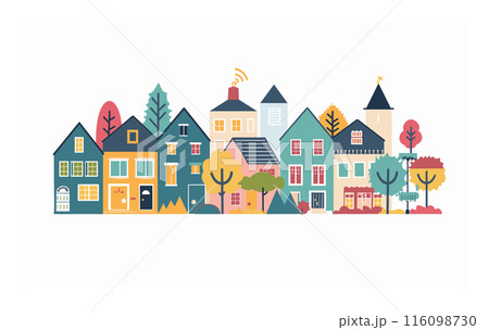 Colorful town houses trees, cartoon urban landscape, flat design. Quaint neighborhood scene, stylized residential district, variety homes architecture. Isolated white background 116098730
