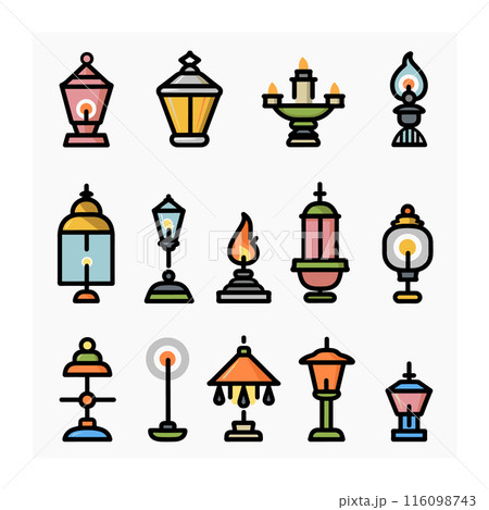 Collection various colorful lanterns lamps flat style. Bright lanterns lamps featuring different shapes, flames, used. Set includes traditional, modern, antique 116098743