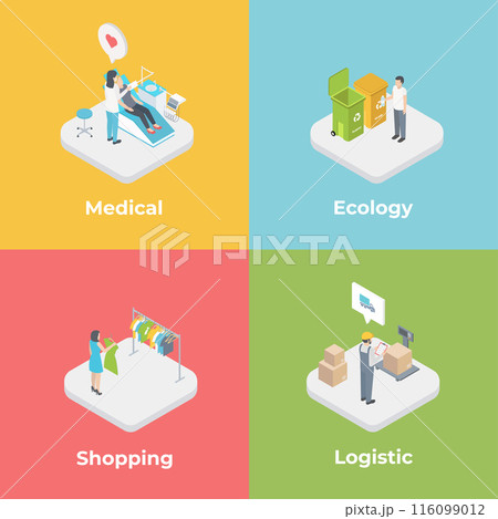 Isometric diversity and inclusion infographics with professions. Occupation concept set. Medical, ecology, shopping, logistic concept on color background in modern style. 116099012